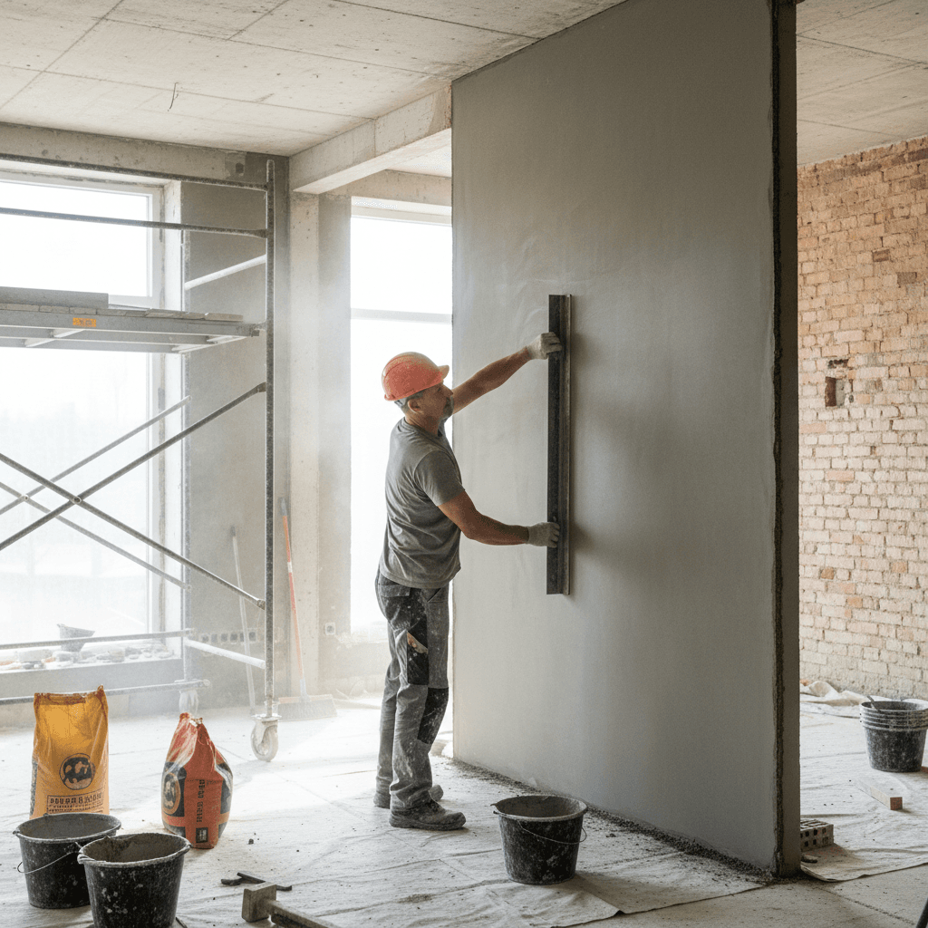 Albañil alisando una pared de cemento en una obra de reforma interior