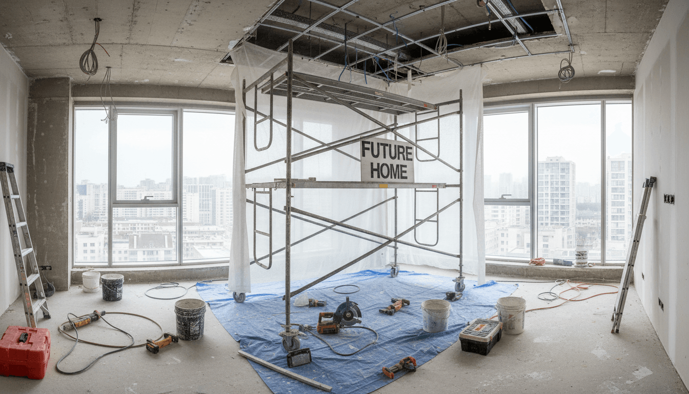 Interior de una reforma integral en un piso de Barcelona con herramientas de construcción