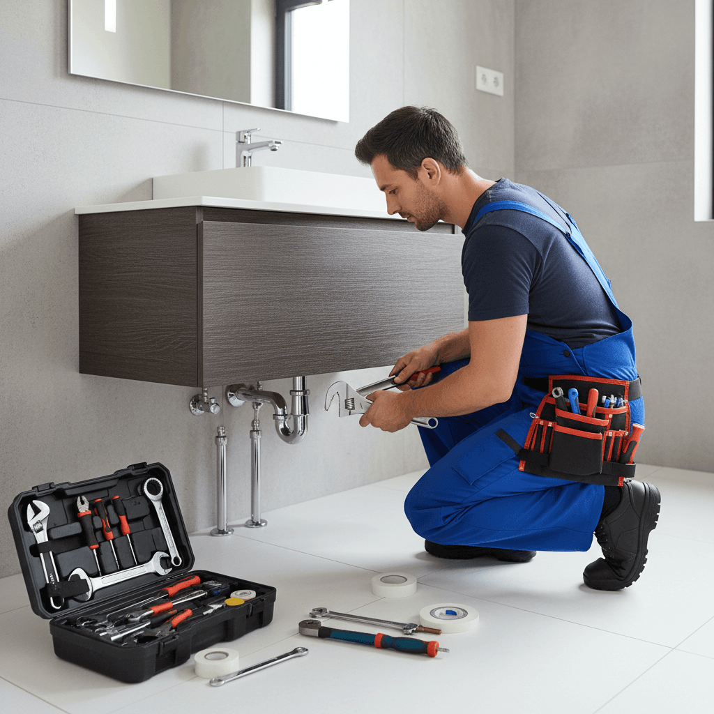 Fontanero instalando tuberías bajo un lavabo en un baño moderno