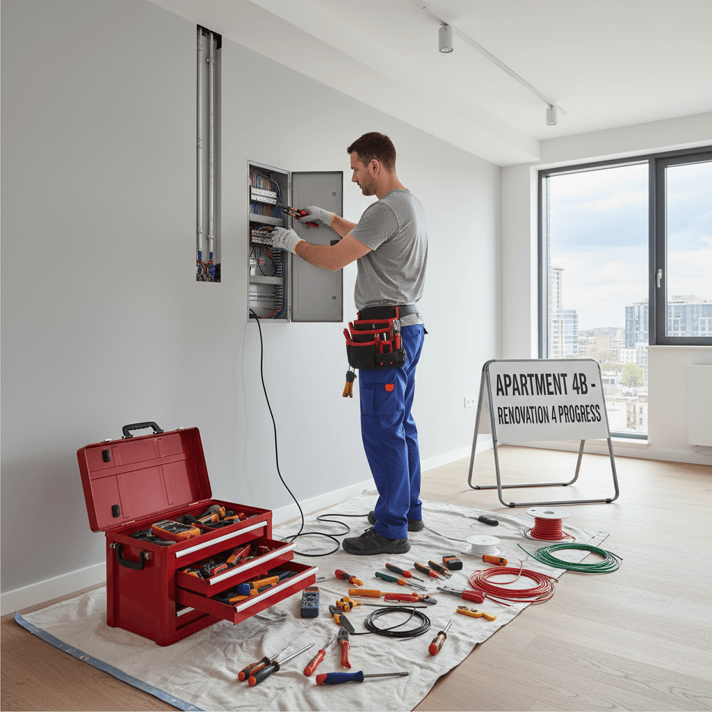 Electricista trabajando en un cuadro eléctrico en un piso reformado