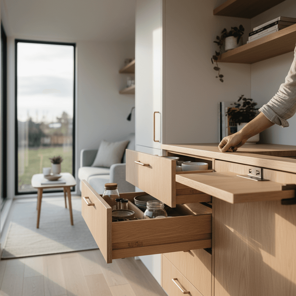 Interior de mini-casa con cocina compacta