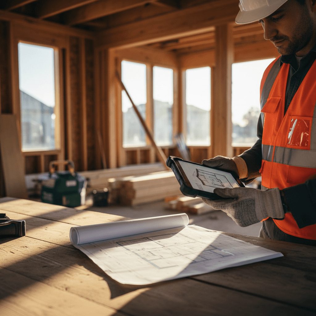 Equipo de construcción revisando planos en una obra en Barcelona